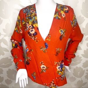 Floral V-Neck Blouse - Orange